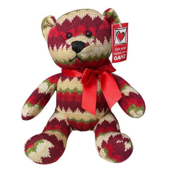 GANZ Vintage Holiday Knit MacMerry Christmas Zigzag Sweater Bear Plush 8.25" - Picture 1 of 11